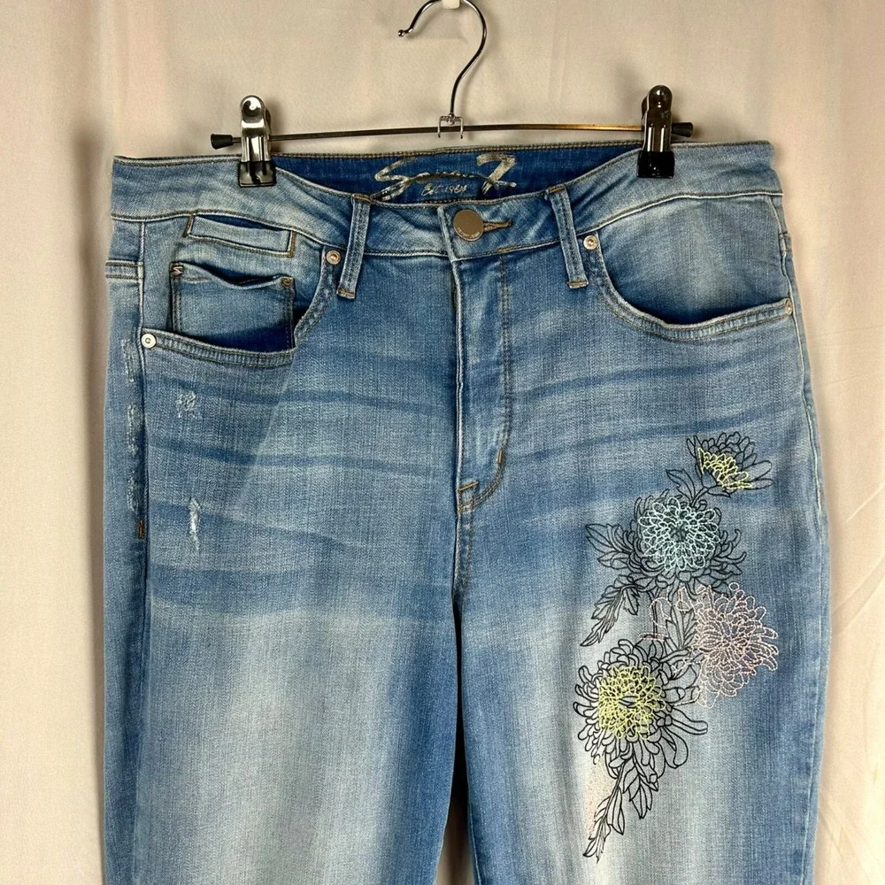 Seven High Rise Stovepipe Straight‎ Denim Jeans Women 32 Blue Embroidery Flowers